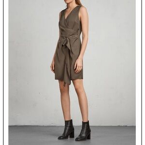 ALL SAINTS I US 4 Erica Draped Mini Dress in Satin Olive Green
